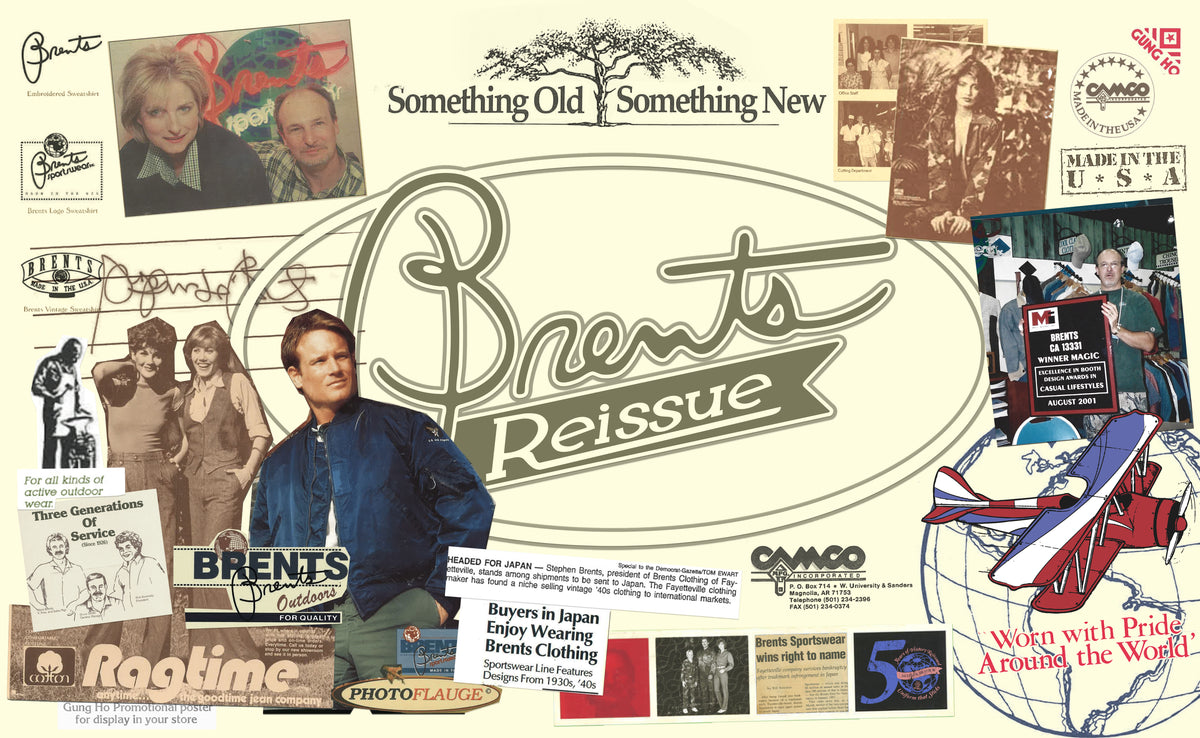 Collage of Brents archive press clippings, photos and ads around the Brents Reissue logo